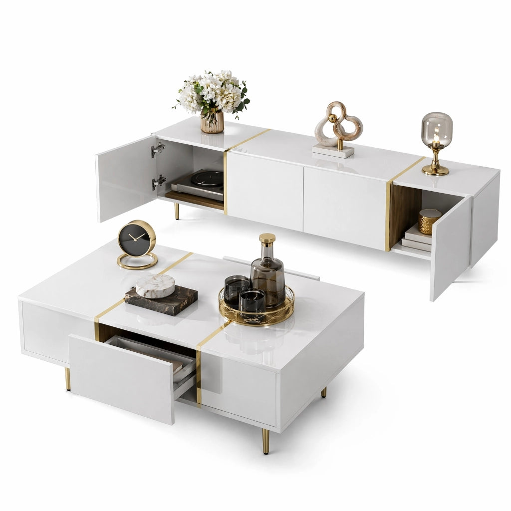 Set mobile TV e tavolino da salotto bianco lucido con dettagli oro