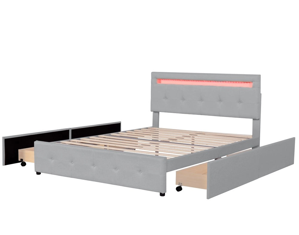 Letto Imbottito con LED, Cassetti e Contenitore ¨C MINIMAL ¨C Grigio 140x200