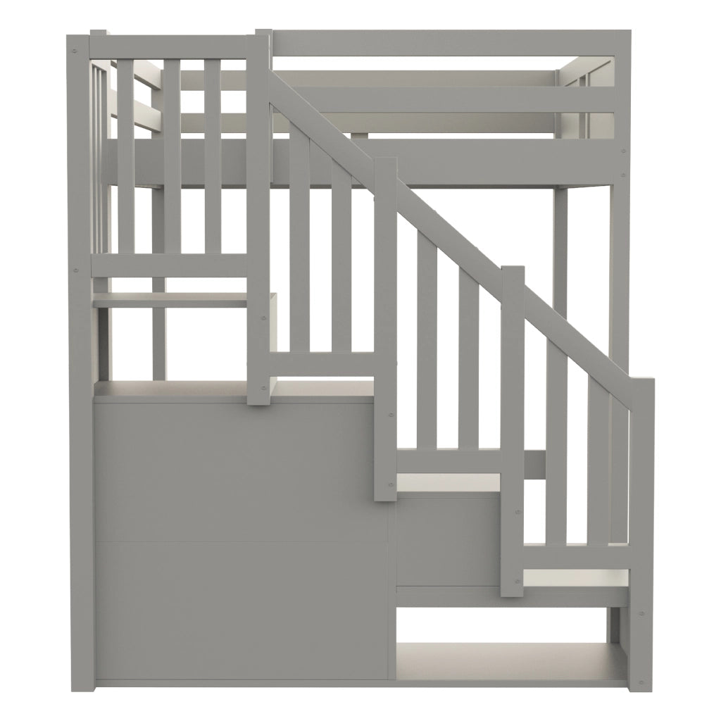 Letto a soppalco 140x200 cm con parapetto a finestra e scala contenitore reversibile; legno massello grigio