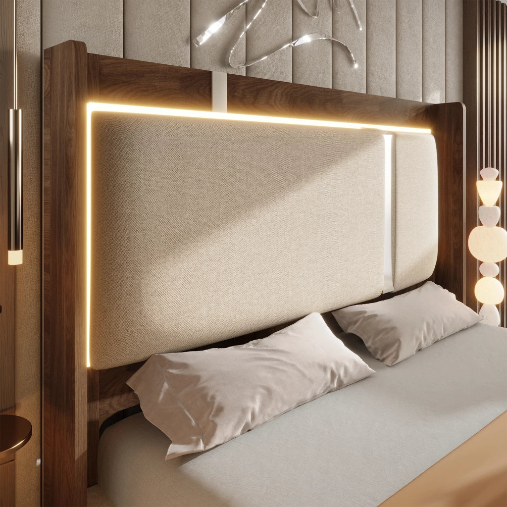 Letto matrimoniale 140 × 200 cm con LED e contenitore idraulico, senza materasso, in lino beige