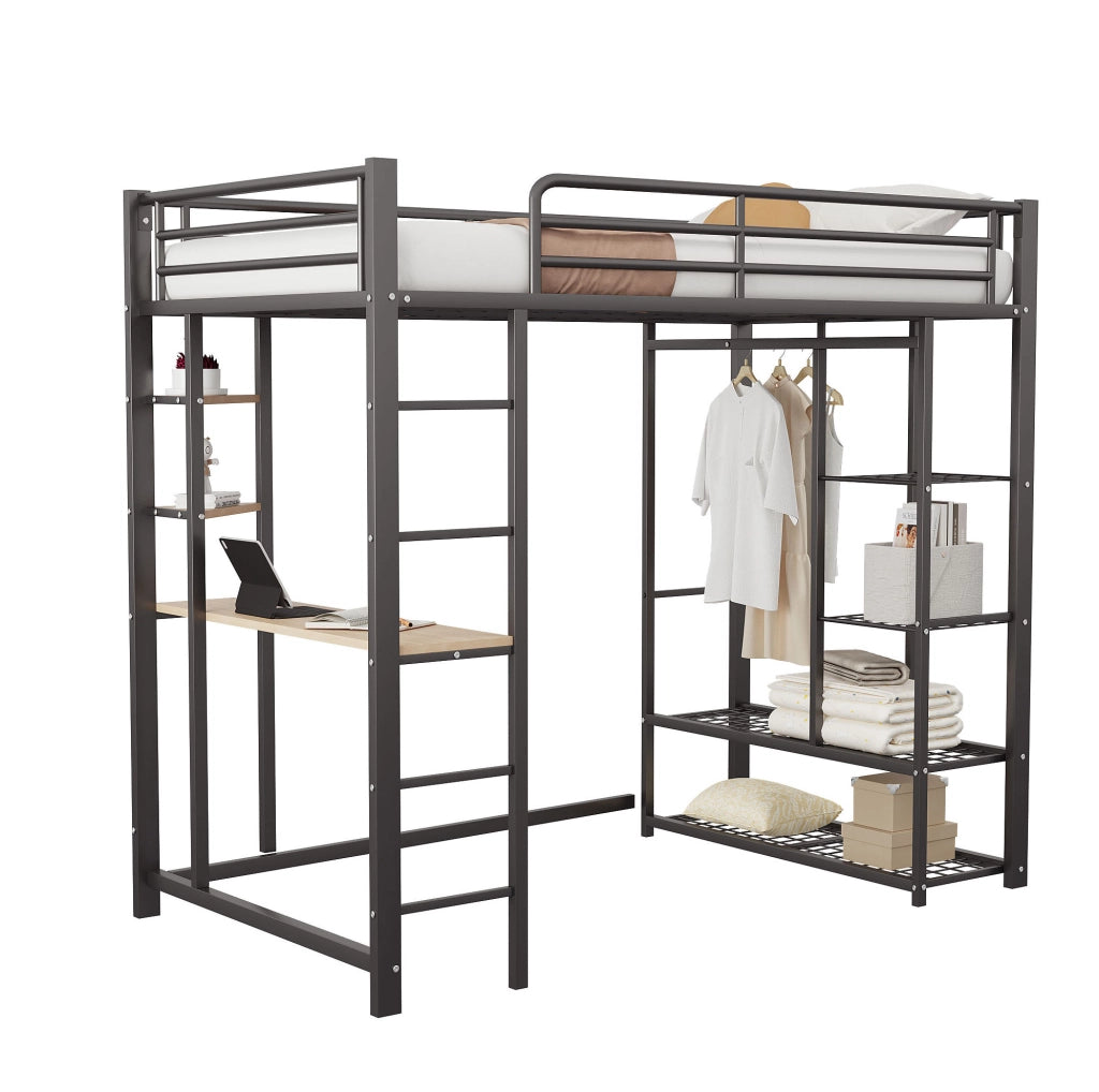 Letto a soppalco singolo 90x200 cm in metallo nero con scrivania; armadietto e scala