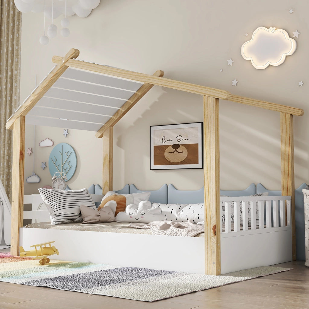 Letto Casetta 90x200 cm con Rete a Doghe - in Legno Massello e MDF - Bianco e Naturale