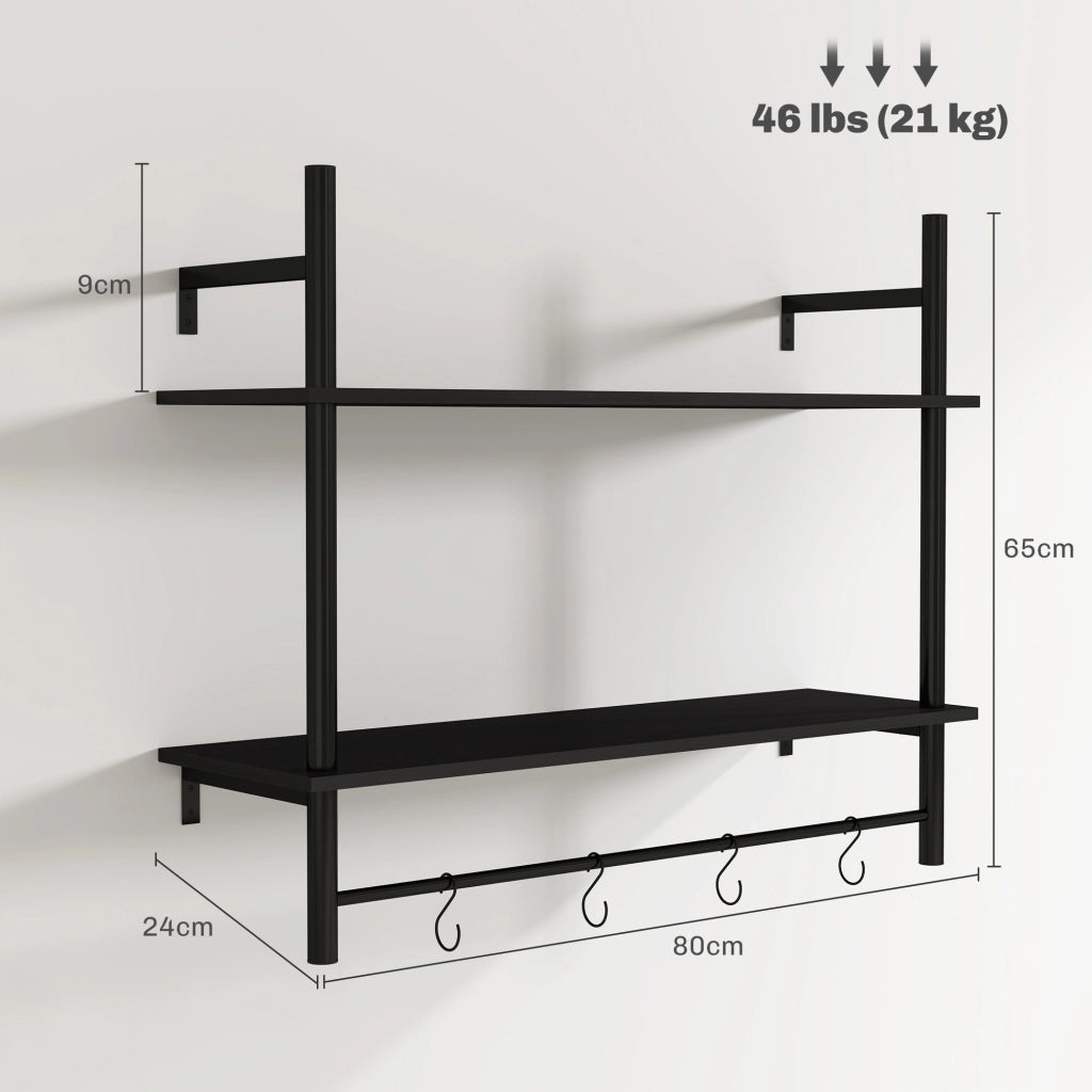 Scaffale a Parete 2 Livelli con Ganchi ¨C Zephmum ¨C 80x24x65 cm Nero
