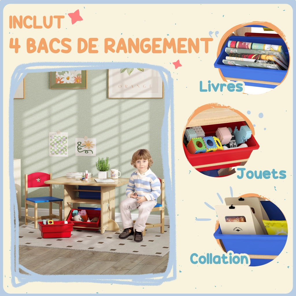 Tavolo bambini con sedie e contenitori ¨C zephmum ¨C legno naturale 3 pezzi