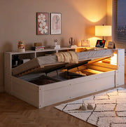 Letto multifunzione 90x200 cm in MDF bianco con presa integrata; luci LED e contenitore
