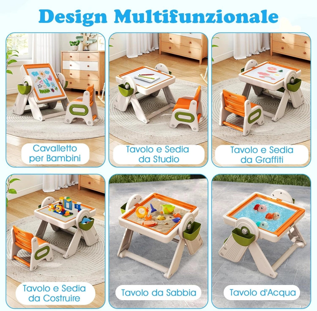 Set Tavolo e Sedia 6 in 1 per Bambini 18+ Mesi, Tavolino Pieghevole con Piano Reversibile, Porta Penne, Cesti Contenitori e Scaffale, Tavolo Salvaspazio per Giochi per Cameretta (Arancione)