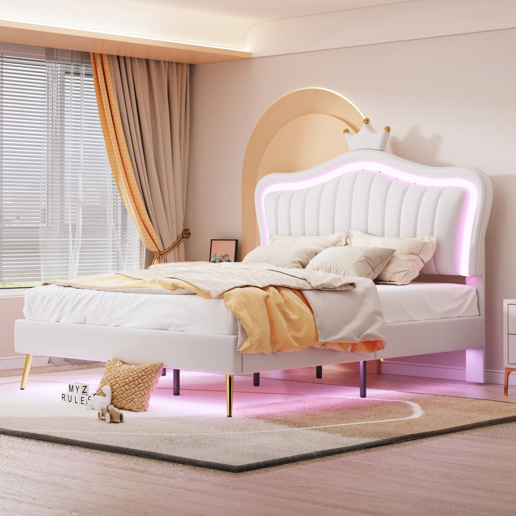 DESMIU Letto per bambini 140 × 200 cm 2 posti con LED regolabile e testiera regolabile, senza materasso, bianco