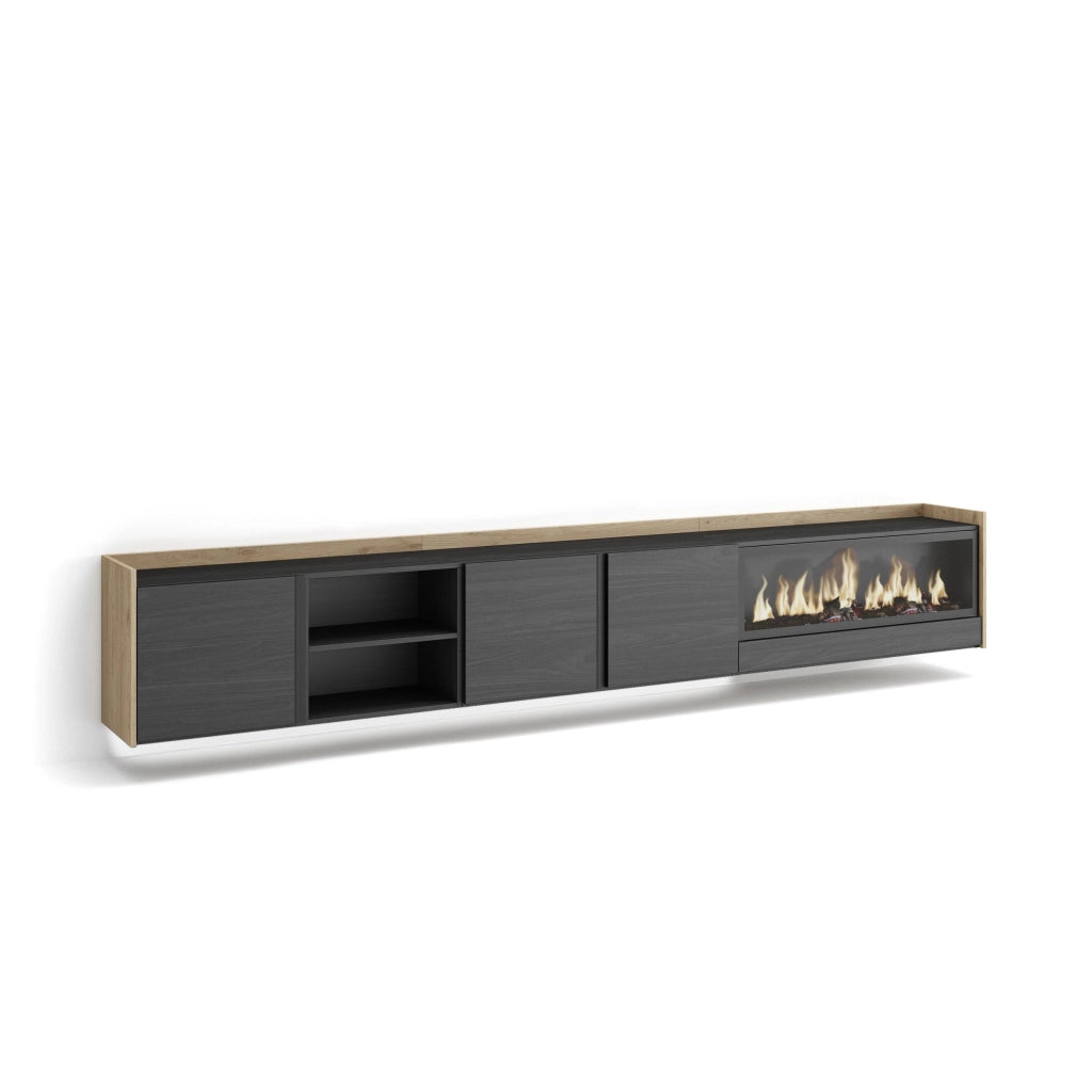 Mobile TV Soggiorno, 315x50x35 cm, Per TV fino a 80", Camino elettrico XXL, Sospeso, da appendere, LED, Nero e rovere