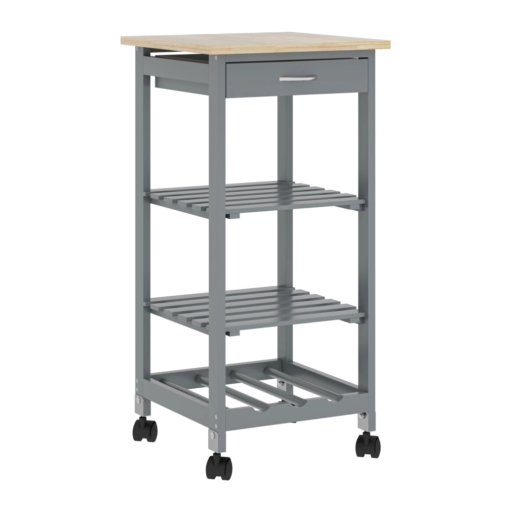 Carrello Portaoggetti Biel con Cassetto 3 Ripiani e Griglia Portabottiglie 76x37x37 cm - Grigio Scuro / Effetto Legno [en.casa]