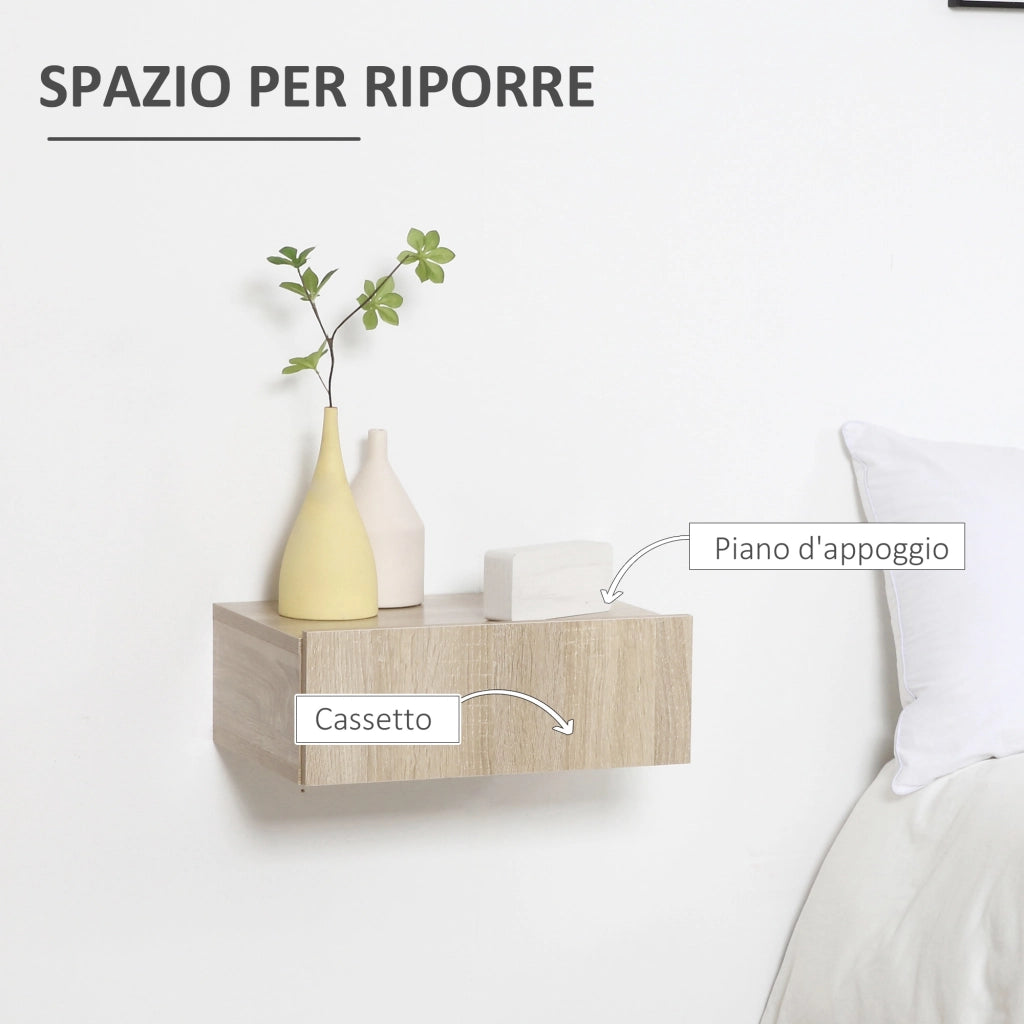 Set 2 Comodini Sospesi con Cassetti, Comodini Camera da Letto in Truciolato, Stile Moderno, 40x30x15 cm, Color Legno