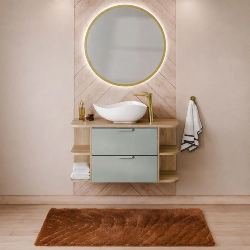 Set OSTER 100cm: mobili sottolavabo con cassetti verde salvia e nicchie a vista + piano per lavabo + lavabo da appoggio bianco