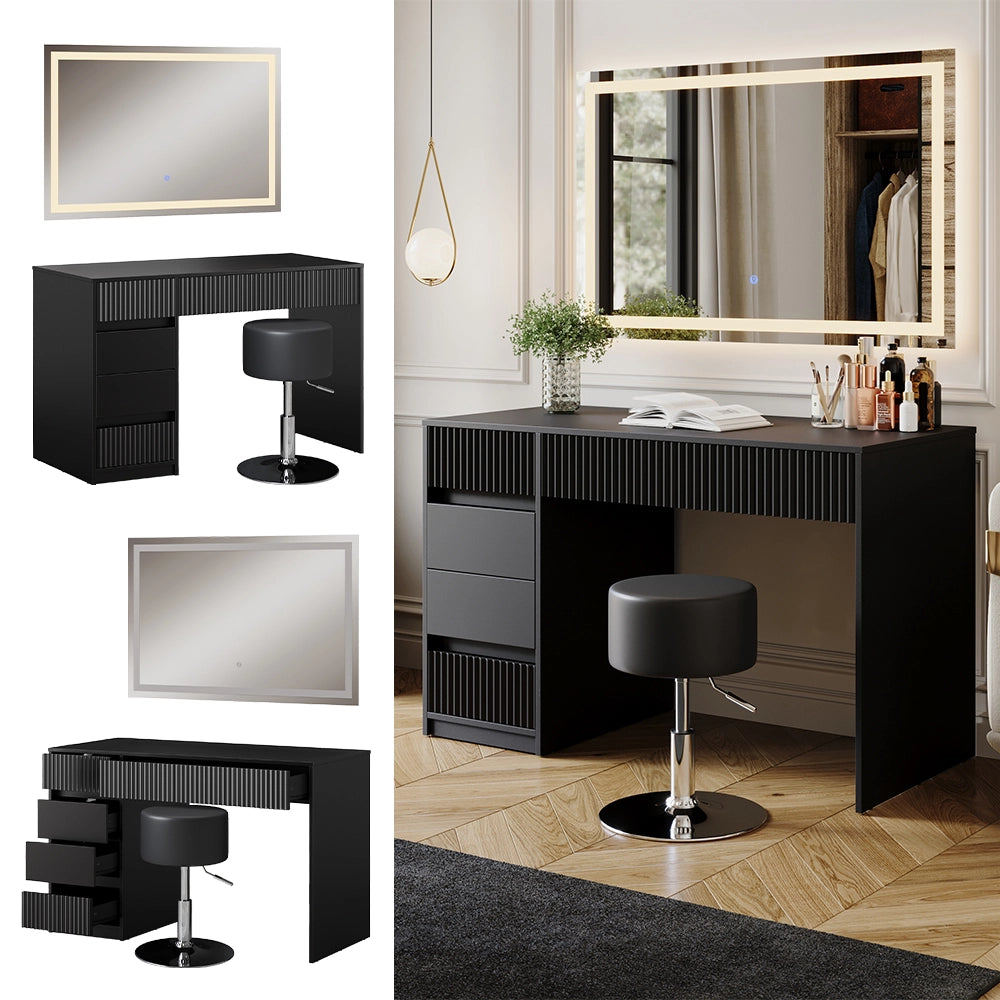 Vicco Tavolo da toilette Nero 120 cm con specchio LED e sgabello