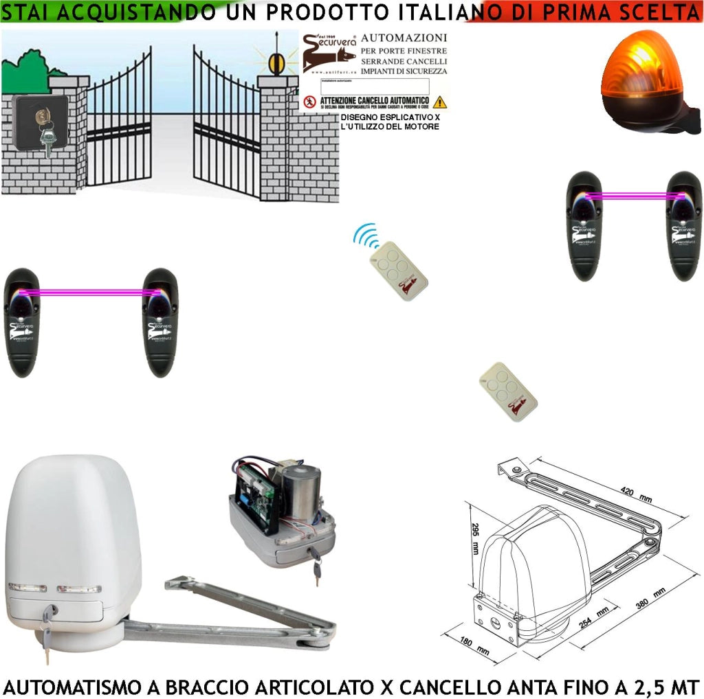 AUTOMATISMO CANCELLO MOTORE A BRACCIO ARTICOLATO 220/24 V ANTA BATTENTE DA 0,5 A 2,5 MT CENTRALE 2 RADIOCOMANDI FARO SELETTORE 2 FOTOCELLULE