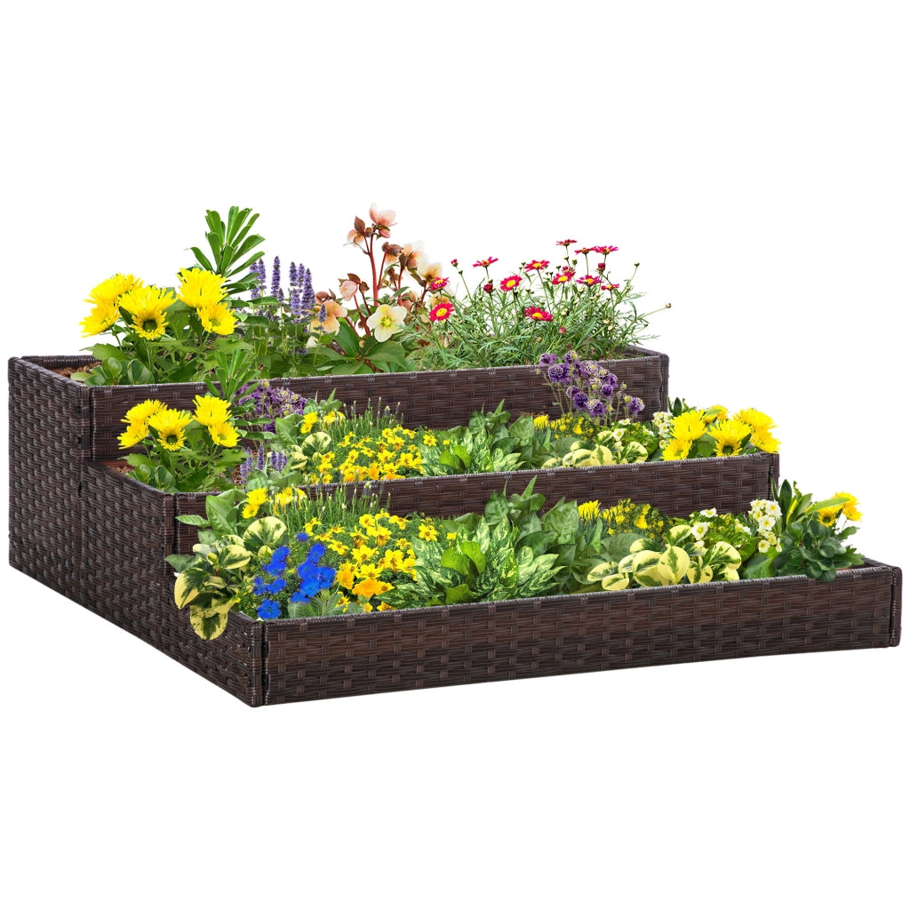 Orto Rialzato a 3 Livelli in Rattan Sintetico senza Fondo per Piante e Verdure, 120x120x40cm, Grigio
