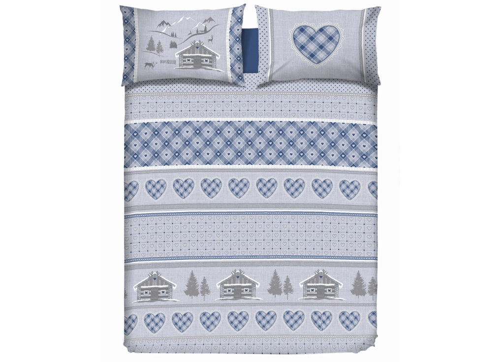 Copripiumino Sacco Piumone Cotone Flanella Pensieri Delicati Disegno Chalet - Singolo - Blu