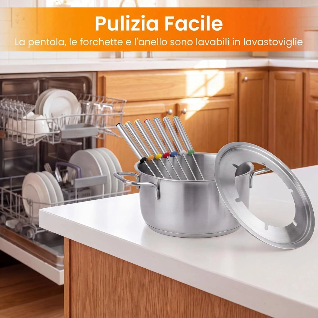 COSTWAY 3 L Set Fonduta Elettrica, Fondue per Formaggio, Bourguignonne, Cioccolato con 6 Forchette, Pentola Antiaderente e Paraspuzzi, Temperatura Regolabile, in Acciaio Inox, Rimovibile e Lavabile