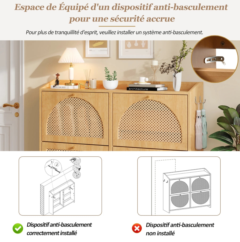 Scarpiera da ingresso 120x24x90 cm con 8 scomparti; 4 ante a ribalta; 2 ganci; MDF naturale