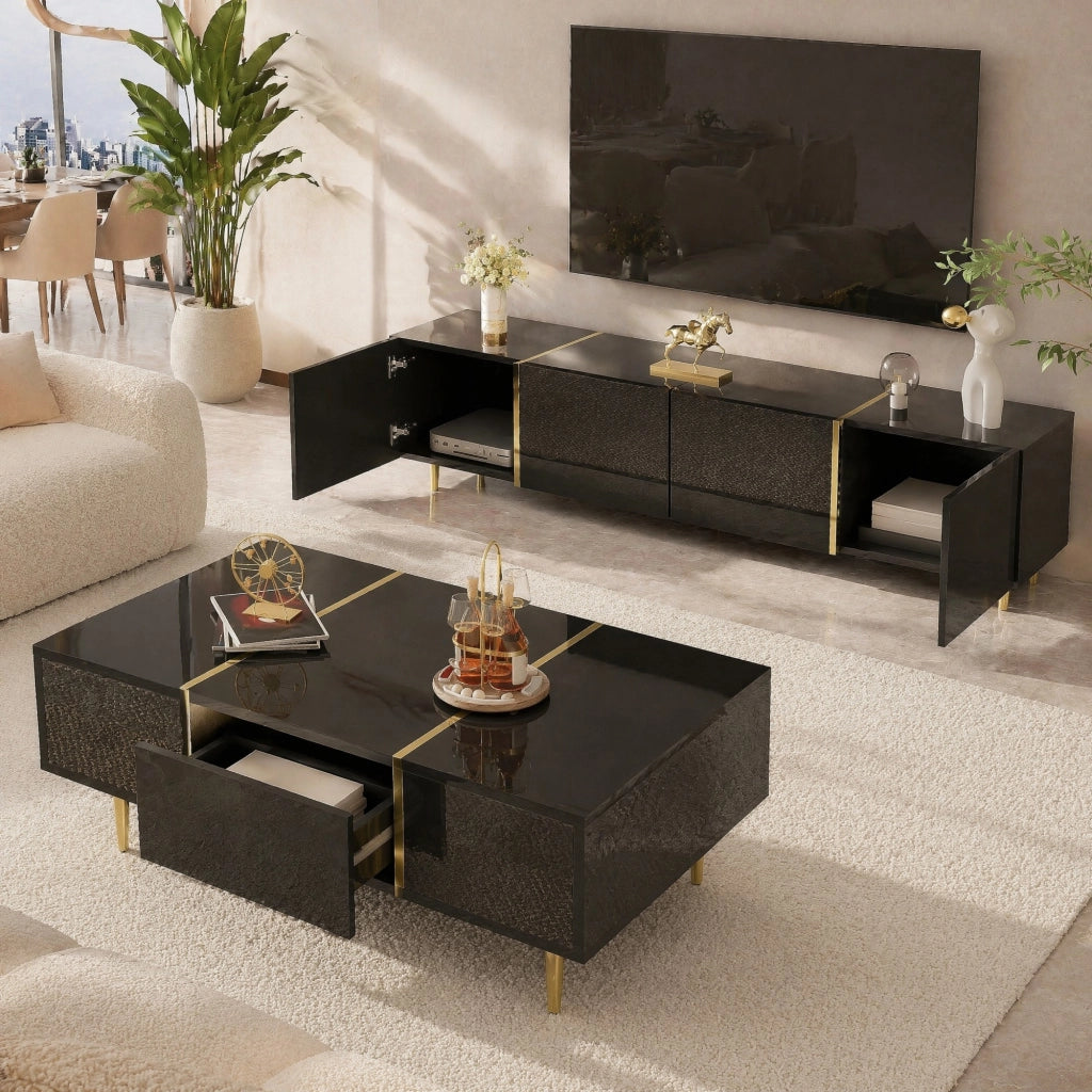MOBILE TV e TAVOLINO Set 2 unità Nero lucido MDF con dettagli oro