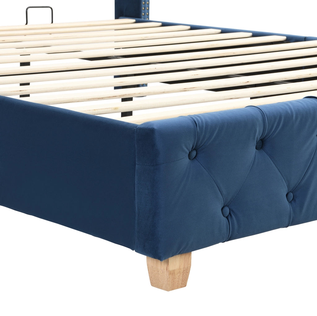 Letto imbottito 160x200 cm in velluto blu con testiera trapuntata e rete a doghe