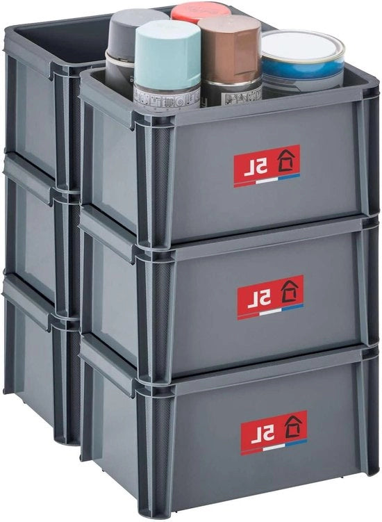 Set di 6 contenitori in plastica da 5L - robusti e rinforzati, stivellabili e combinabili - ideali per la officina, il fai da te o il trasporto