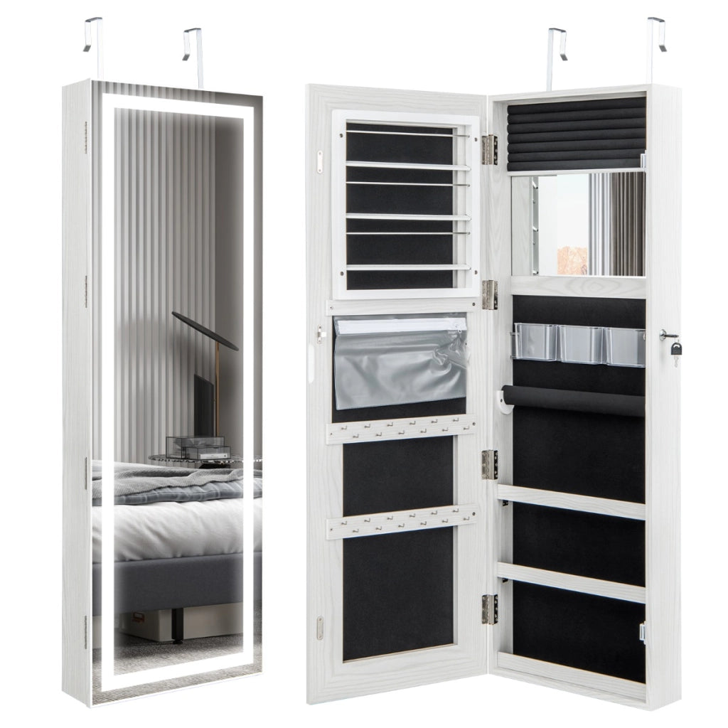 Armadietto portagioie con specchio a LED da 120cm, Appendibile alla porta o da parete con specchio interno Bianco-Armadietti per gioielli