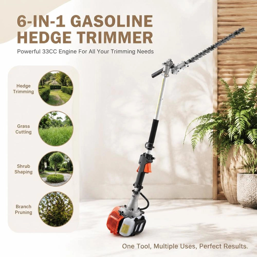 6-in-1 Petrol Hedge Trimmer, 33cc Long-reach Hedge Trimmer, 0.8L