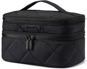 Borsa di cosmetici per donne, borsa da toilette in doppia pelle imbottita, grande borsa da toilette, borsa per trucco con maniglie, borsa da trucco impermeabile, borsa da toilette, borsa di cosmetici, valigetta per bellezza per viaggi, nera