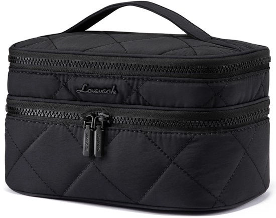 Borsa di cosmetici per donne, borsa da toilette in doppia pelle imbottita, grande borsa da toilette, borsa per trucco con maniglie, borsa da trucco impermeabile, borsa da toilette, borsa di cosmetici, valigetta per bellezza per viaggi, nera