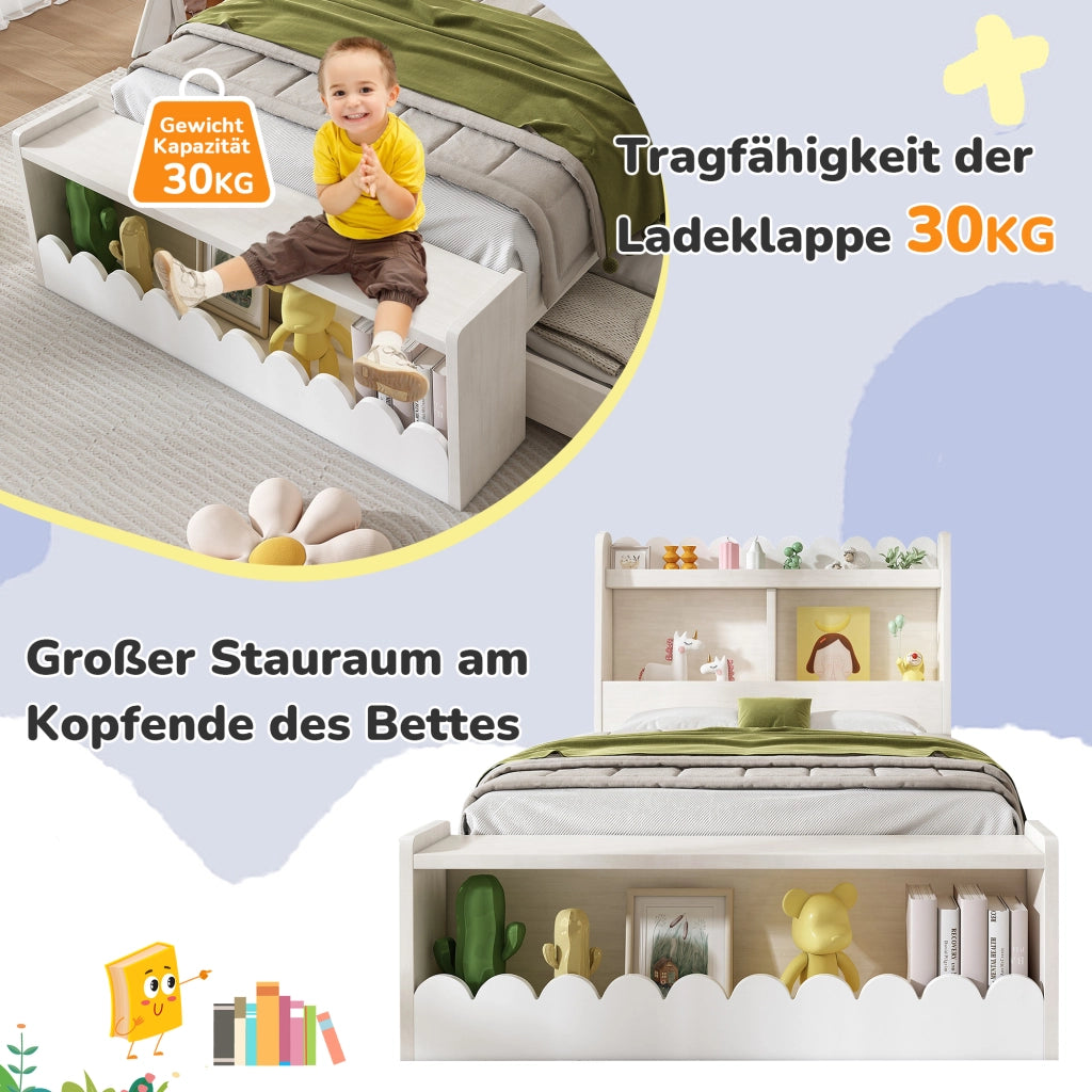 OKWISH Letto Bambino 90×200 cm, Letto Singolo con 2 Cassetti, Mensole e Panca Contenitore, senza Materasso, Legno e MDF, Bianco e Rovere