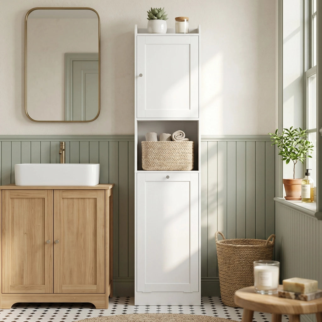 Mobile Bagno Alto con Cesto a Ribalta e Mensole, 40x30x170 cm, Bianco