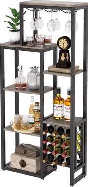 Scaffale a vino - 5 livelli - Industriale - Metallo e Legno - Scaffale in piedi per 12 bottiglie di vino - Con tappi per bottiglie di vino - Grigio/Nero - 80 x 30 x 175 cm