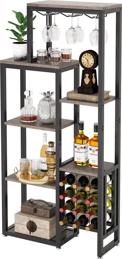 Scaffale a vino - 5 livelli - Industriale - Metallo e Legno - Scaffale in piedi per 12 bottiglie di vino - Con tappi per bottiglie di vino - Grigio/Nero - 80 x 30 x 175 cm