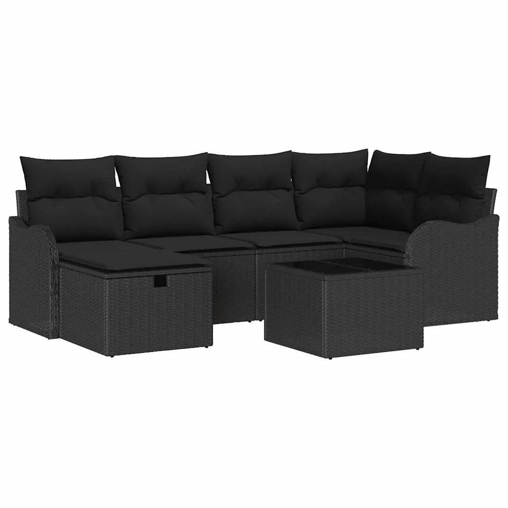 Set Divano da Giardino con cuscino 7 pcs Nero Poly Rattan