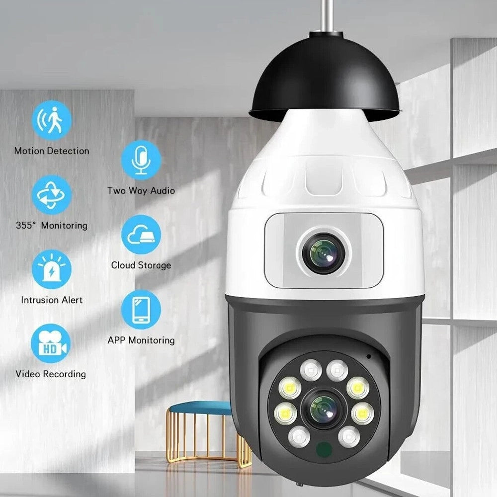 Trade Shop - Telecamera Wifi Da Interno Esterno 5 Mp Videocamera Lampadina Con Doppia Lente -