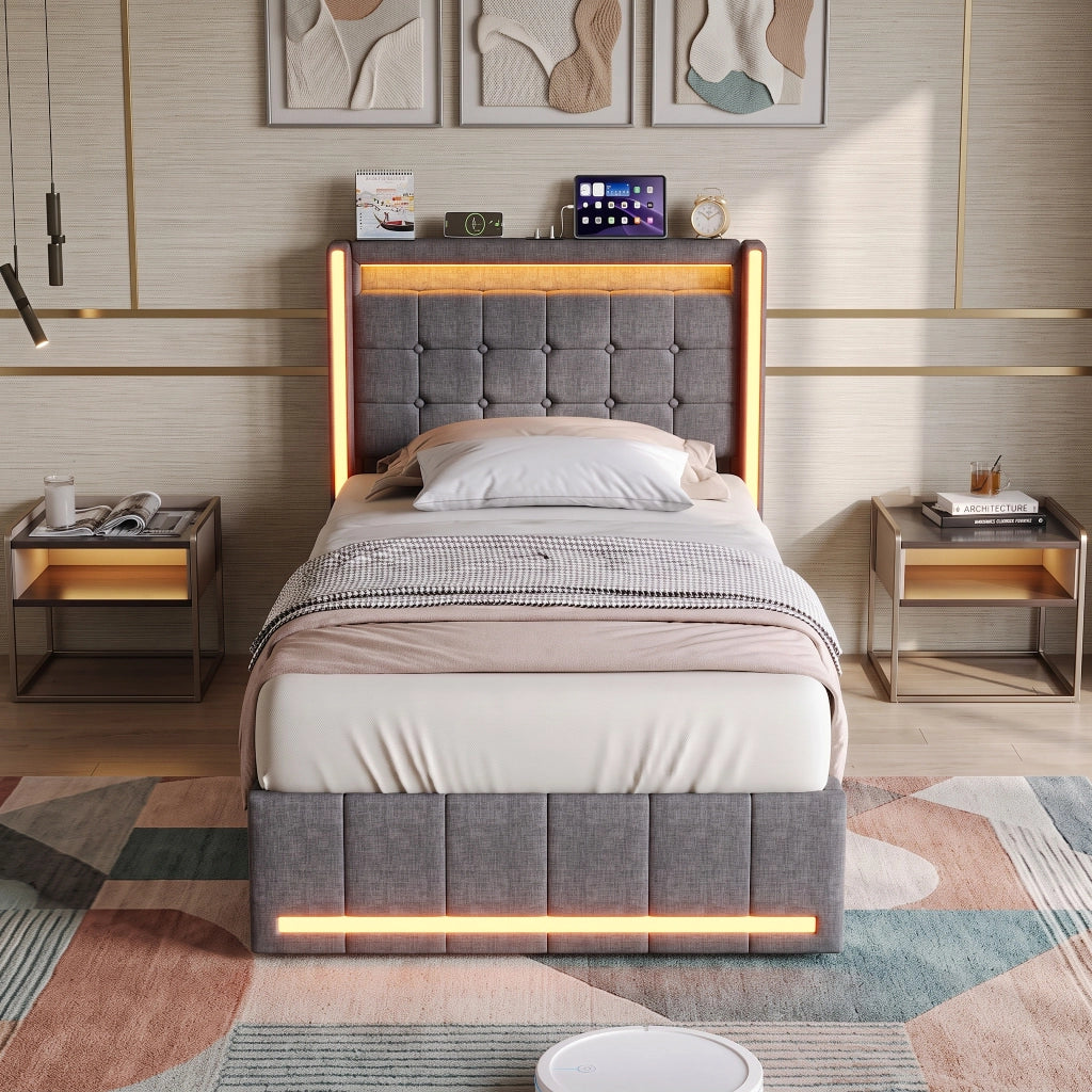 Letto singolo 90x200 cm con contenitore e LED  struttura letto con testiera e USB  letto contenitore in acciaio-grigio