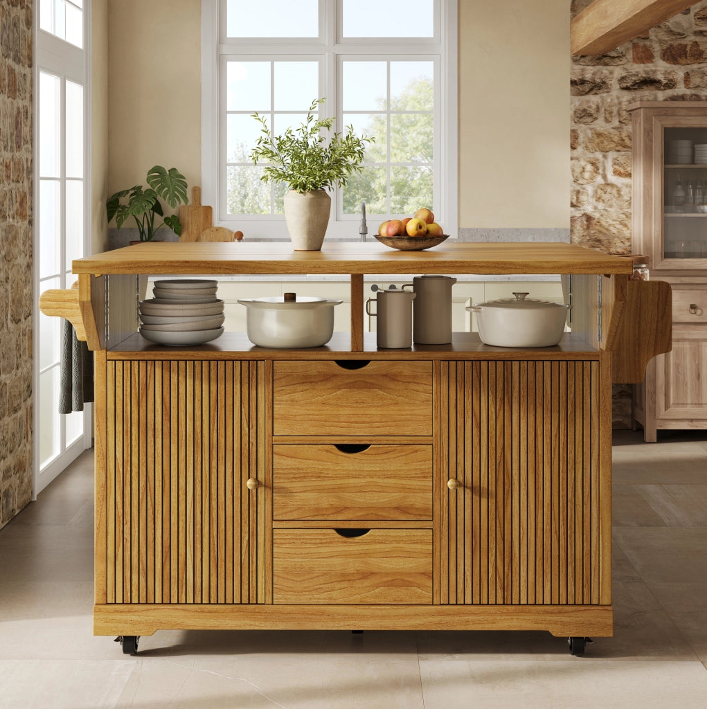Isola cucina mobile con piani ribaltabili e 3 cassetti marrone