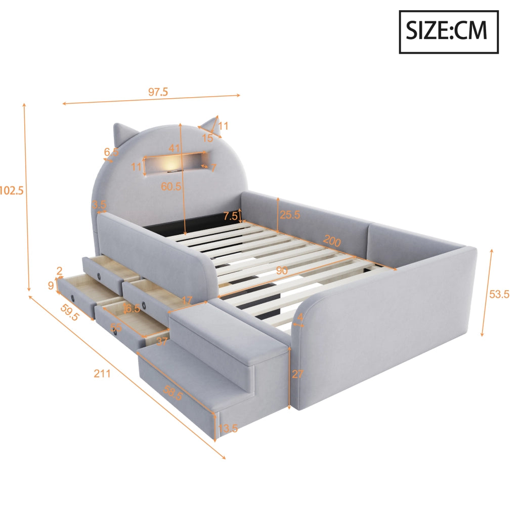 Letto per bambini 90x200 cm con testiera con contenitore; luce notturna e USB; rivestito grigio chiaro