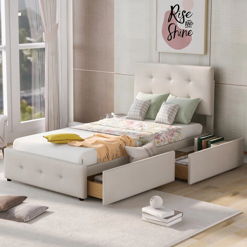 Letto 90x200 cm - Xylo - Testiera imbottita 2 cassetti velluto beige