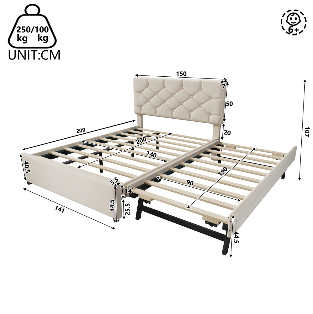 Letto imbottito ULEVR 140x200 cm con letto estraibile 90x190 cm e rete a doghe, velluto beige