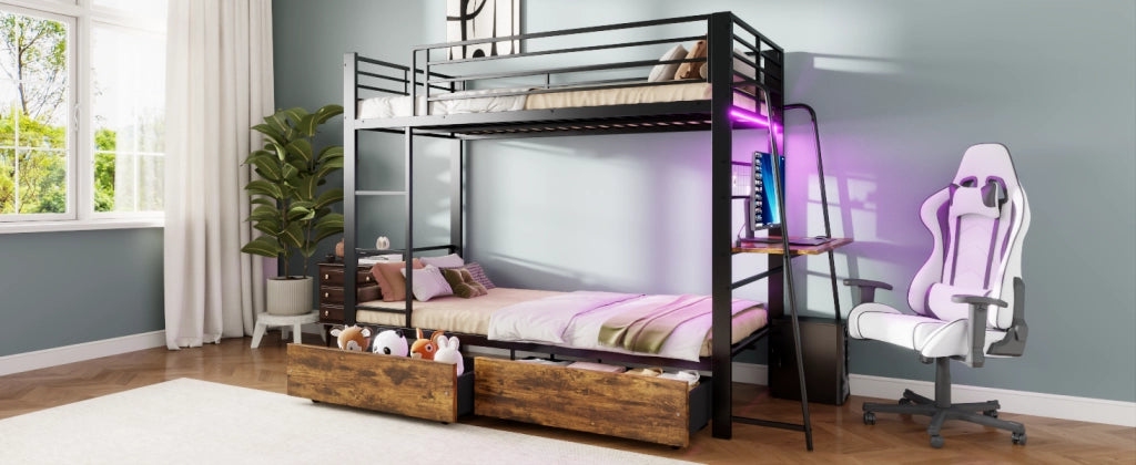 Letto a soppalco 90 × 200 cm con scrivania, LED e cassetti contenitore, senza materasso, nero