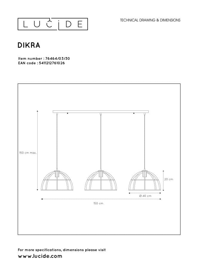 Lampadario Lucide Dikra nero metallo 3xE27 60W 150cm