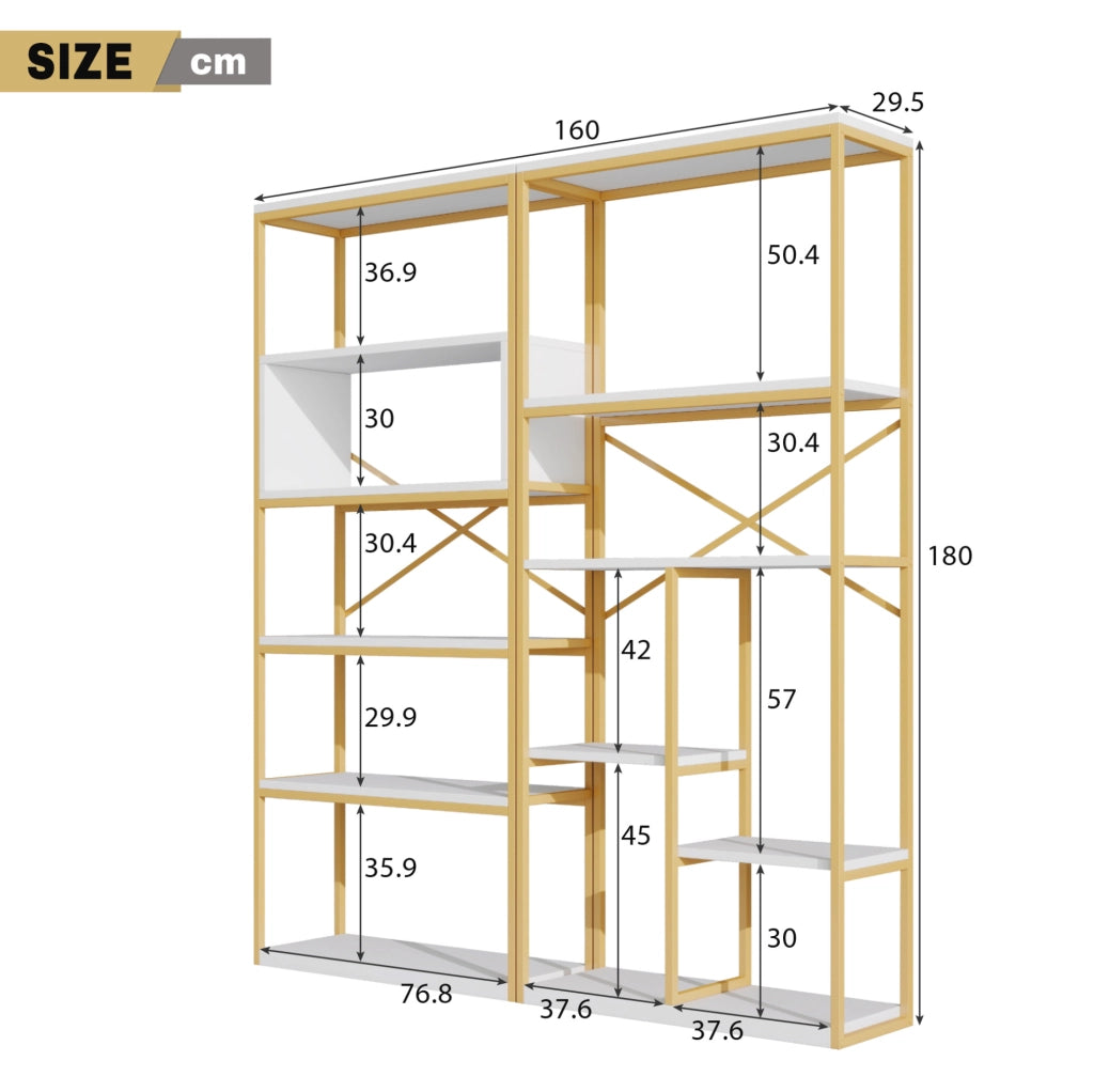 Libreria 160x29.5x180 cm a ripiani aperti con struttura rettangolare in metallo e MDF bianco e oro