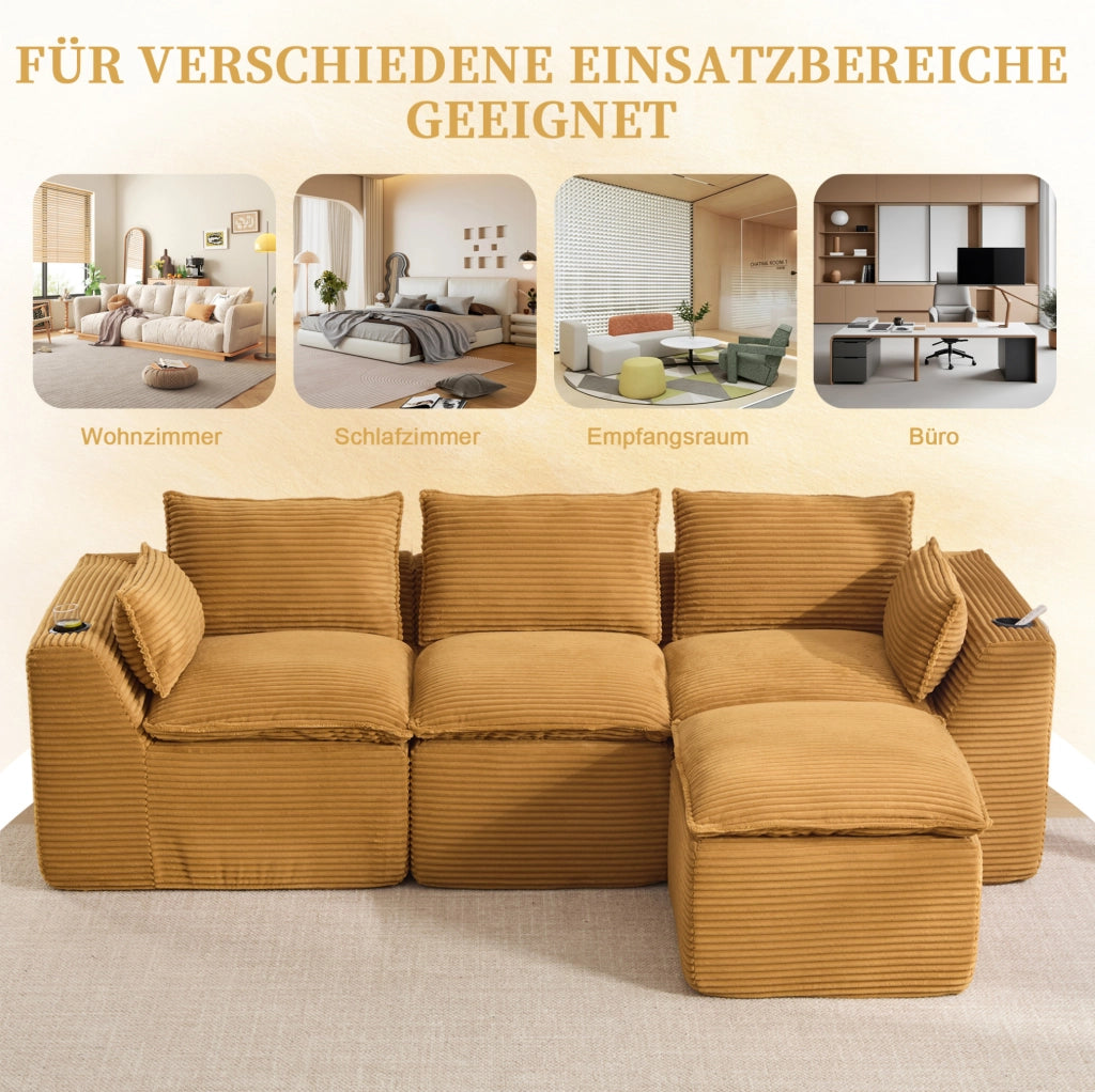 Divano modulare componibile con pouf; corduroy arancione