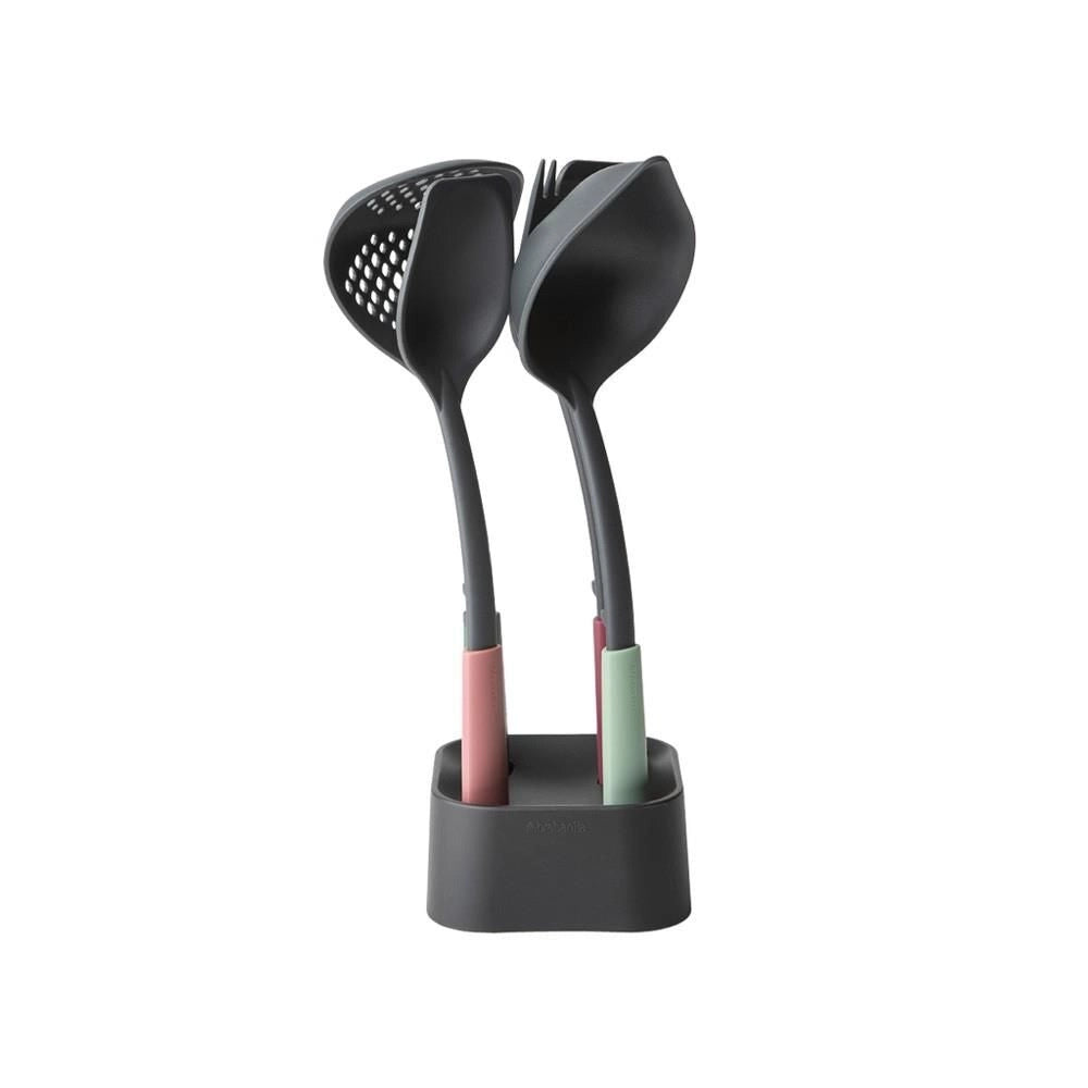 Brabantia 123184 Tasty+ Set Utensili da Cucina 4 Pezzi con Supporto in Nylon Termoresistente Fino a 220 °C Lavabile in Lavastoviglie colore Multicolore