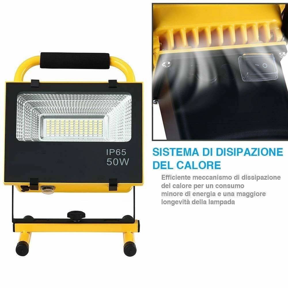 Trade Shop - Lampada Faro Led Lavoro Portatile Torcia 50w Batteria Litio Luce Emergenza 2500l -