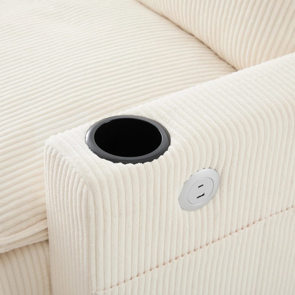 Divano modulare componibile L/U con USB; contenitore e portabicchieri; corduroy beige 280x151x82 cm