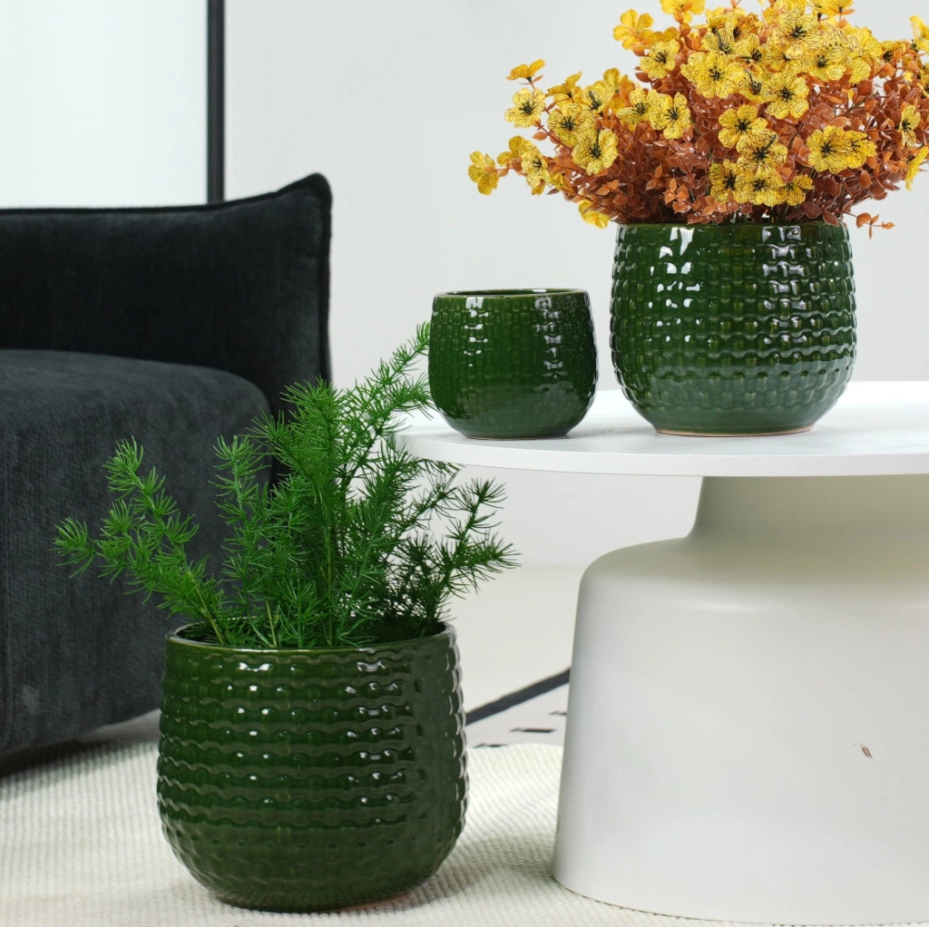 Set di 3 Vasi da Giardino in Ceramica Artigianale Ø 23/17/12 cm, Verde Scuro Lucido con Rilievi a Punti, con Fori di Drenaggio