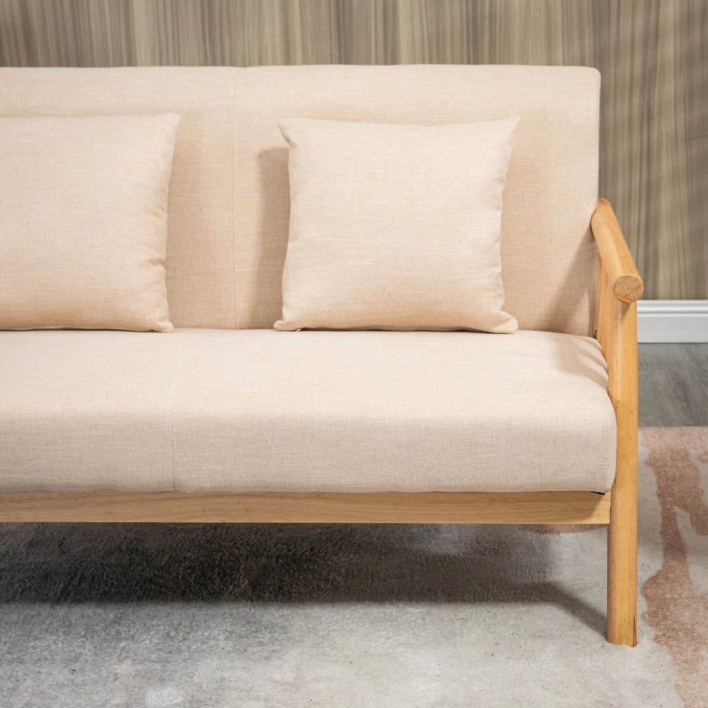 Divano a 2 posti con cuscini, struttura in legno massello e stile rustico, beige 123 × 69 × 74 cm