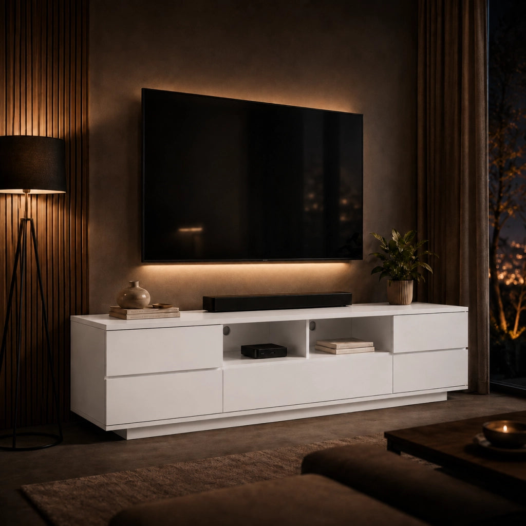 Mobile Televisore Moderno Con 4 Ante 1 Anta A Ribalta 2 Vani A Vista Con Passacavi Per Soggiorno Zona Living Salotto In MDF Resistente 180 x 38 x 46 Cm Bianco