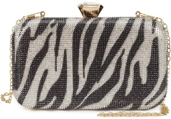Borsa da sera per donne con glitter e strass, stampa zebra per evento di gala o matrimonio